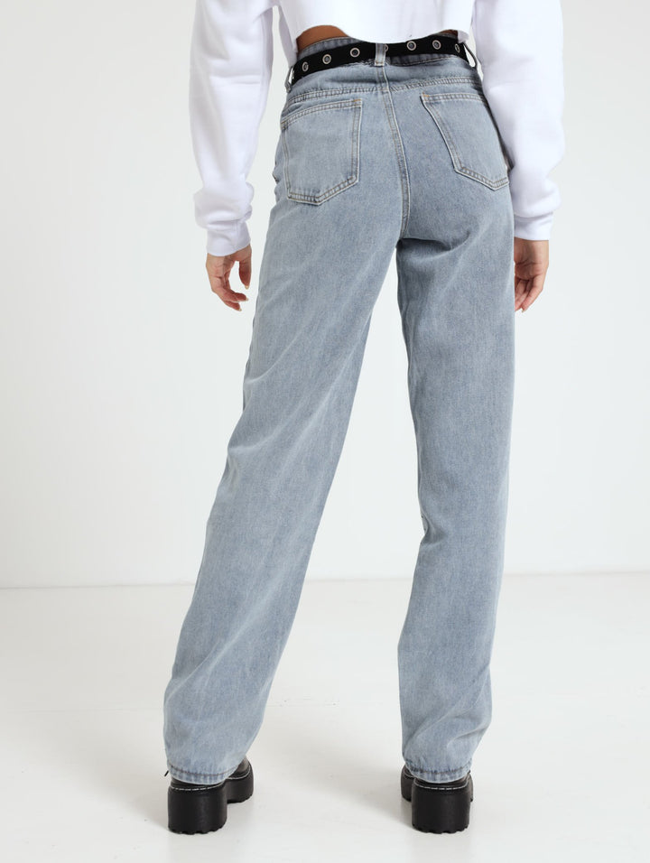 Ladies Salty Light Wash Celestial Belted Straightleg Denim Jean