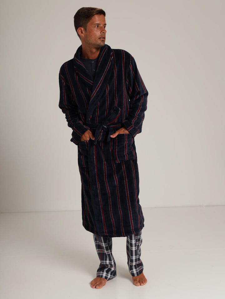 Mens Coal Fleece Gown - Navy Stripe