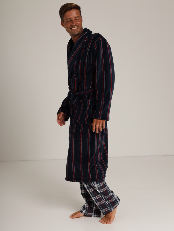 Mens Coal Fleece Gown - Navy Stripe