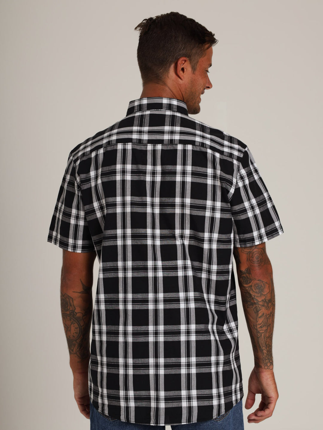 Men's Short Sleeve Check Shirt - Black
