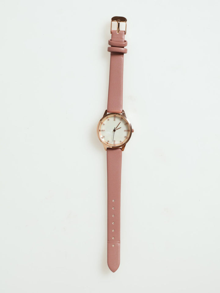 Round Face Pu Strap Watch - Mauve
