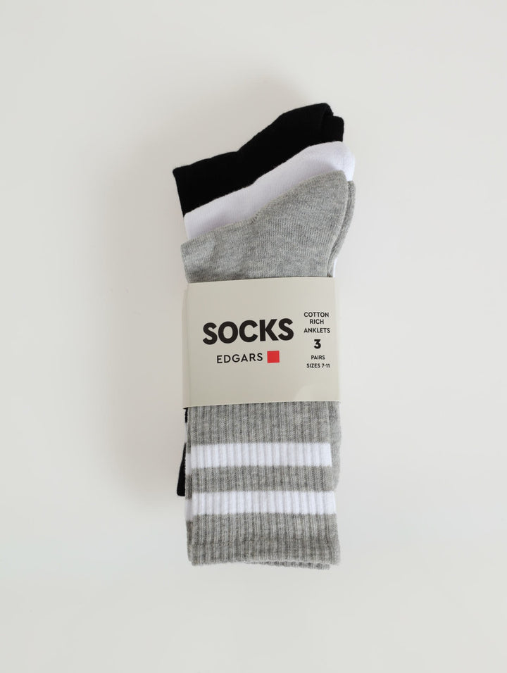 3 Pack Anklet Tennis Socks - White/Grey/Black