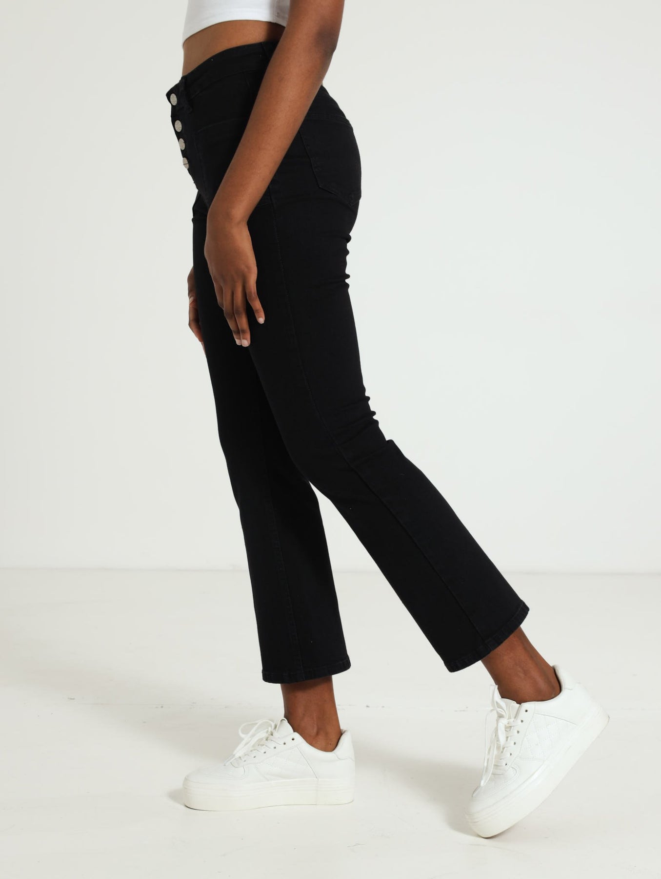 Ladies Button Fly Cropped Pocket Flare Jean Black – Edgars