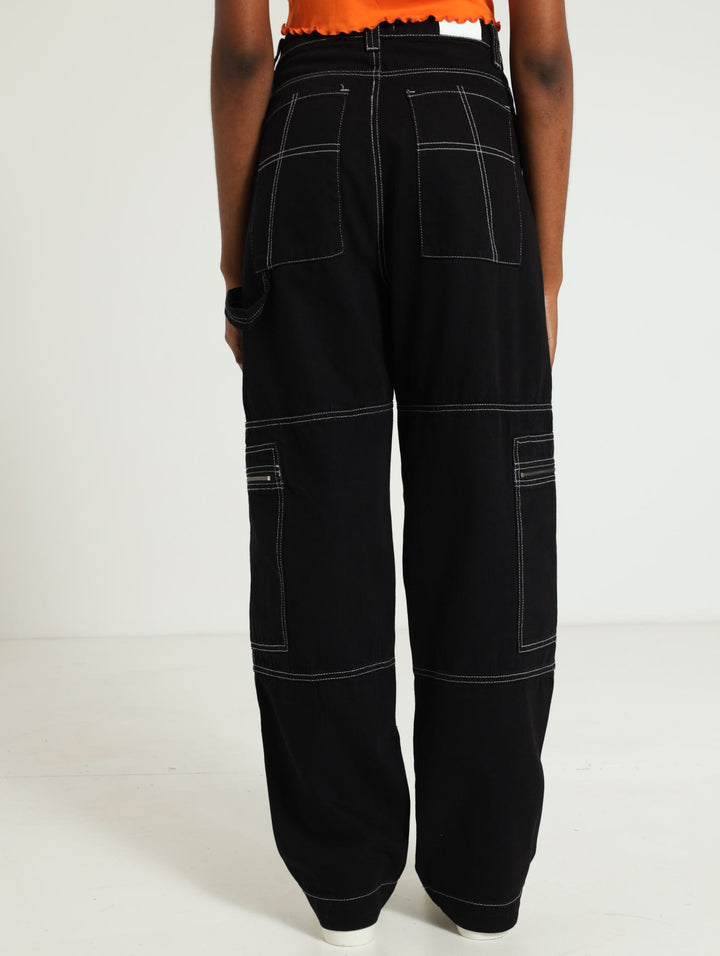Zip Contrast Stitch Cargo Denim Jeans - Black