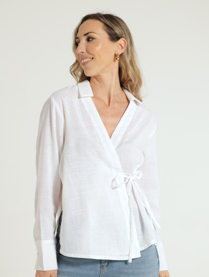 Long Sleeve Wrap Blouse - White