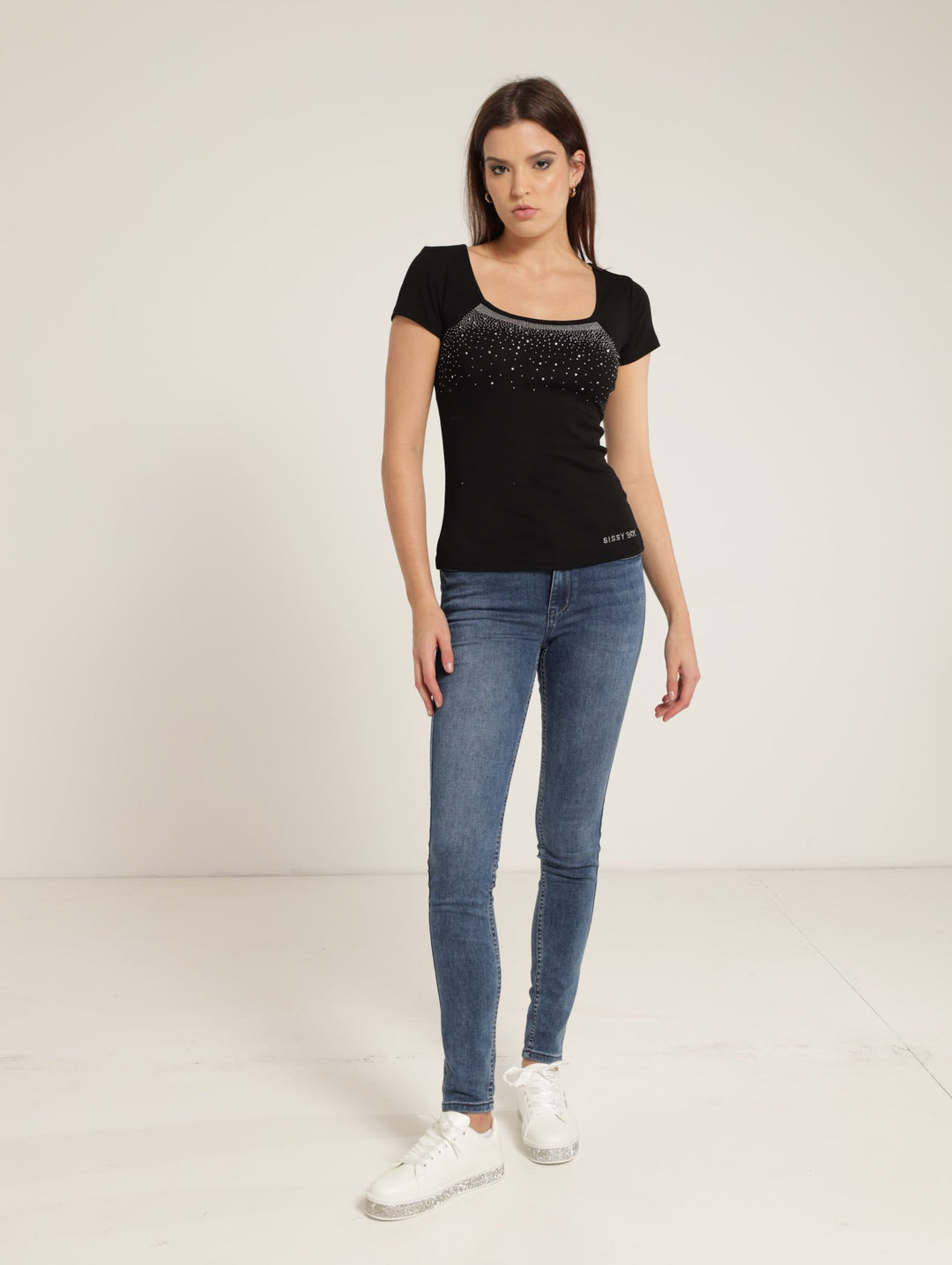 Square Neck Bling Top - Black