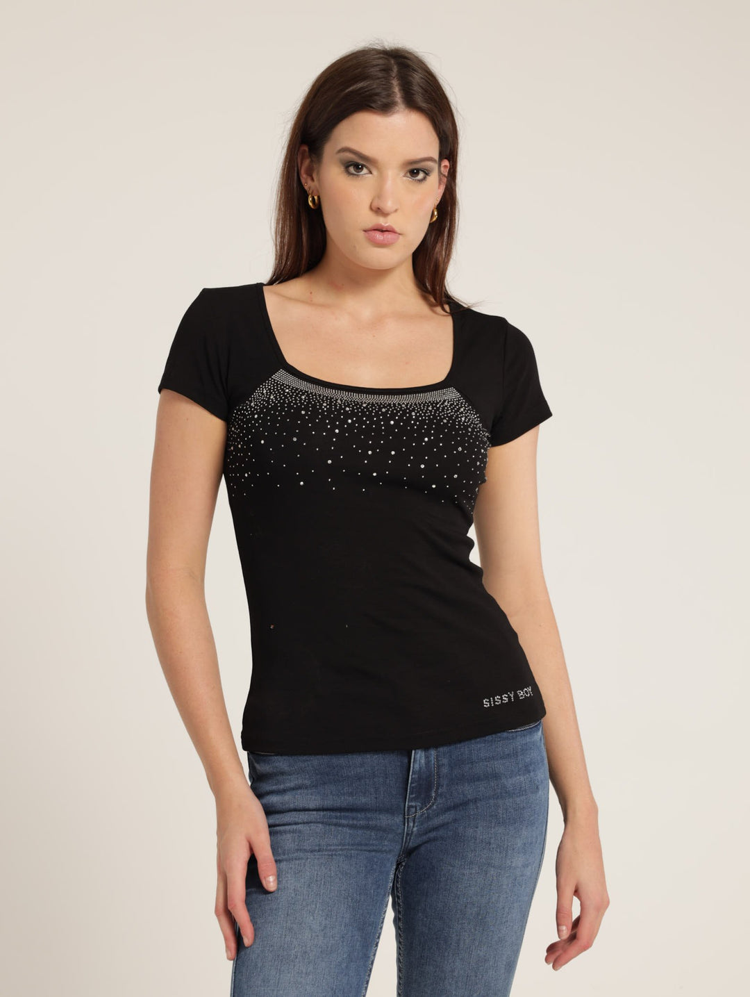 Square Neck Bling Top - Black