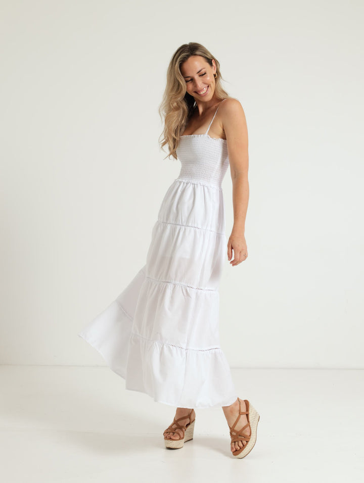 Strappy Tiered Shirred Maxi Dress - White