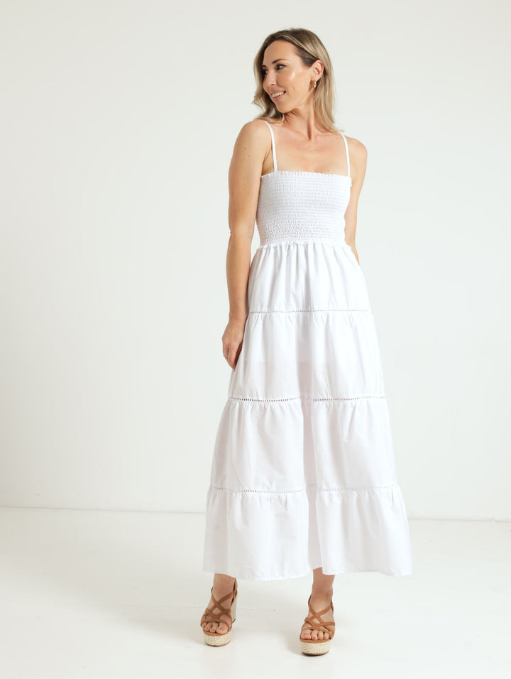 Strappy Tiered Shirred Maxi Dress - White