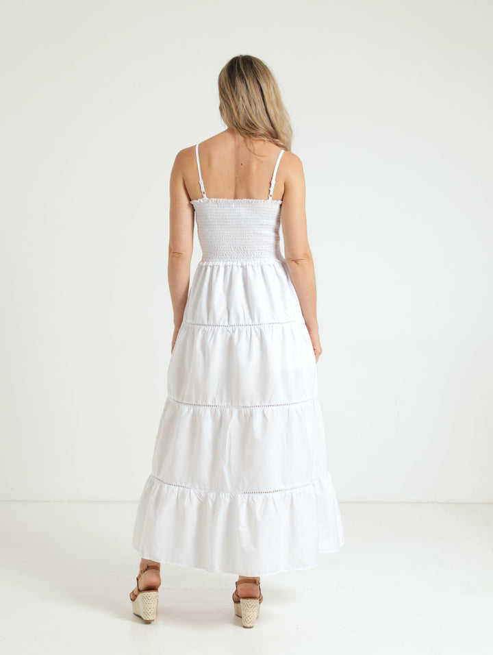Strappy Tiered Shirred Maxi Dress - White