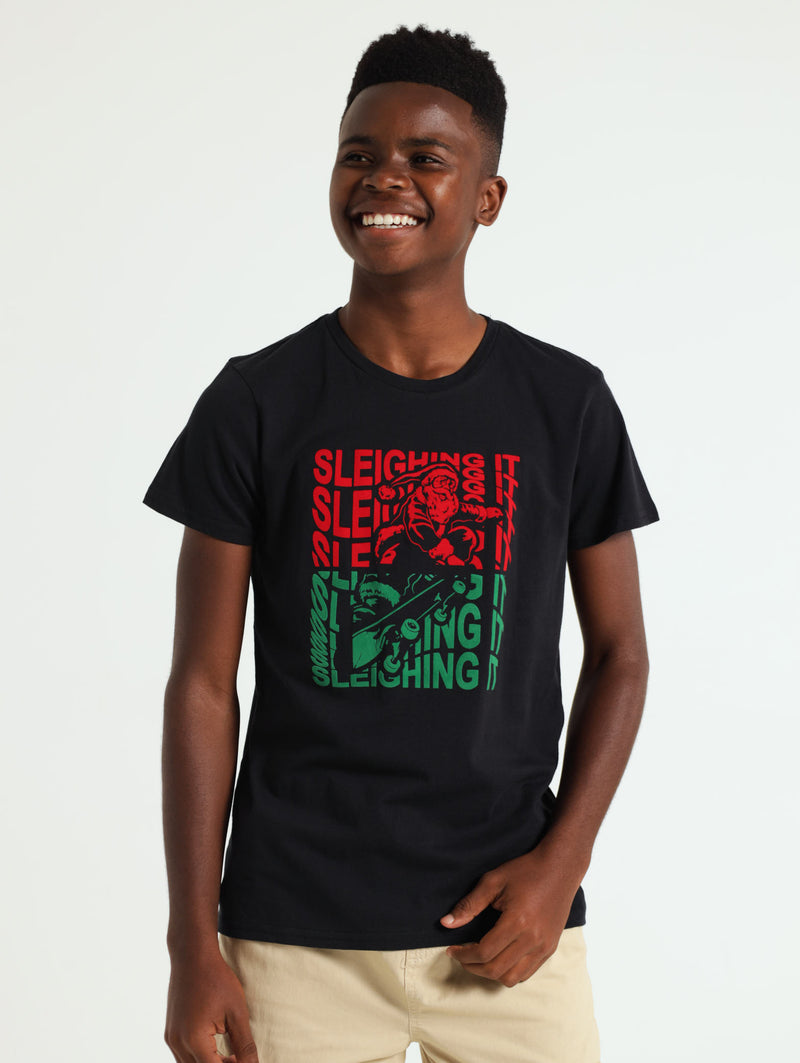 Boys Santa Flock Tee  - Black
