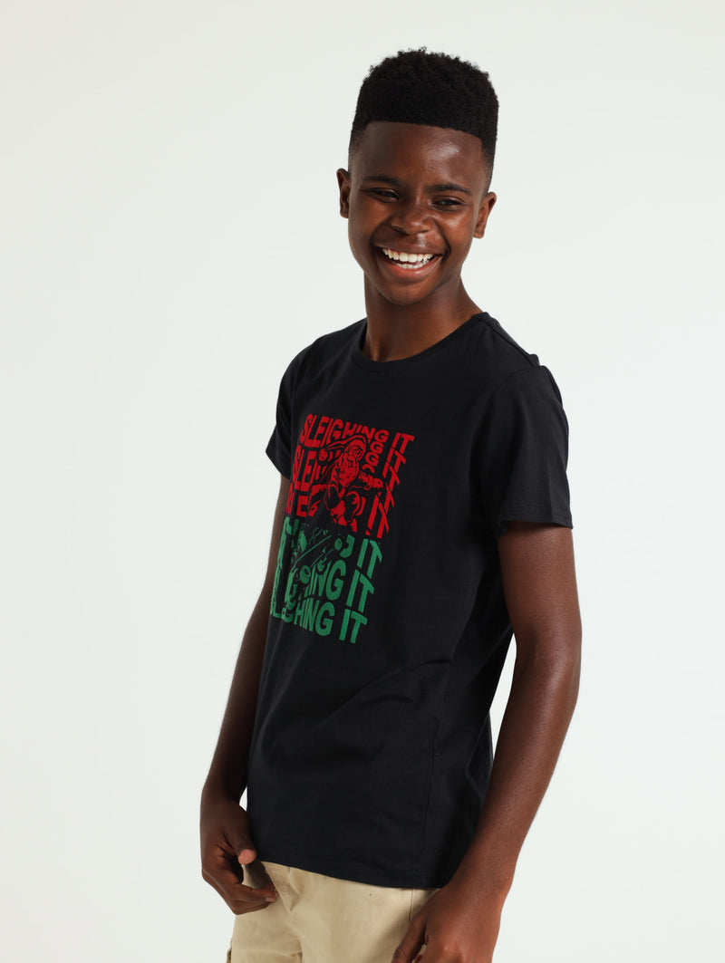 Boys Santa Flock Tee  - Black