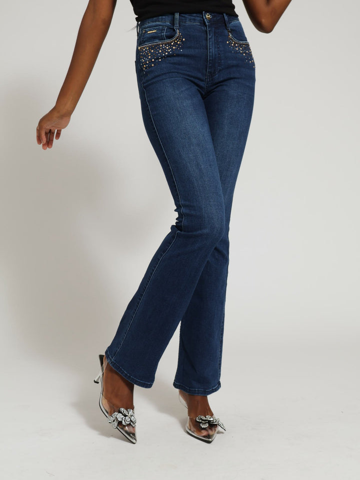 Axel Bootleg Denim Jean With Bling  - Mid Blue