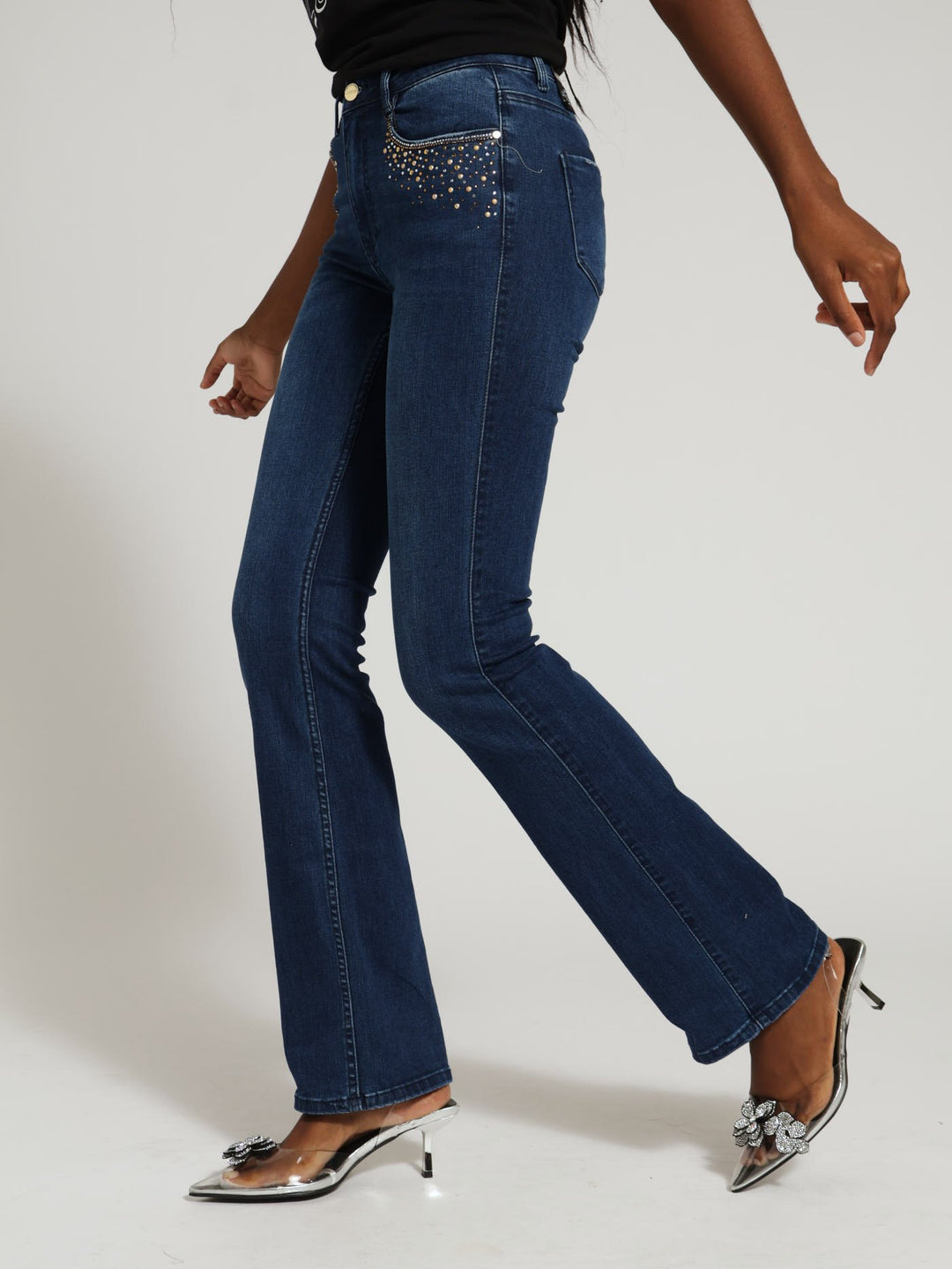 Axel Bootleg Denim Jean With Bling  - Mid Blue