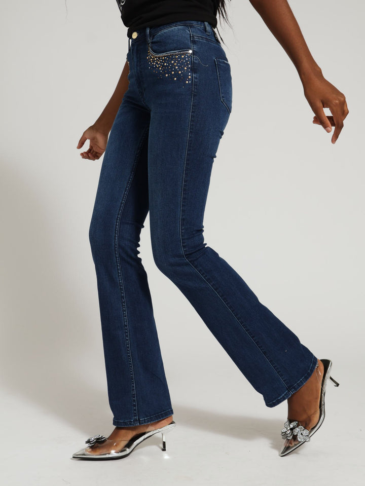 Axel Bootleg Denim Jean With Bling  - Mid Blue