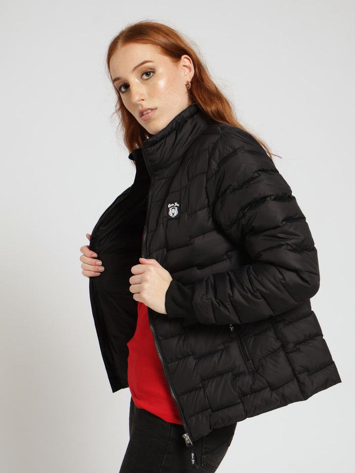 Jigsaw Design Badge Embroidery Puffer Jacket - Black