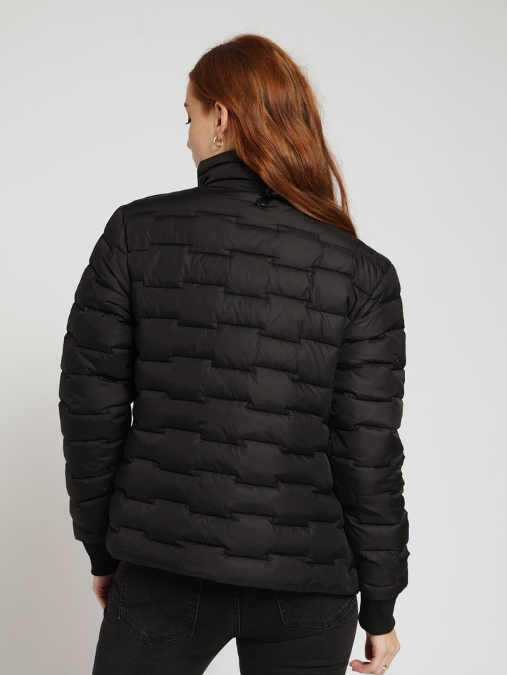 Jigsaw Design Badge Embroidery Puffer Jacket - Black