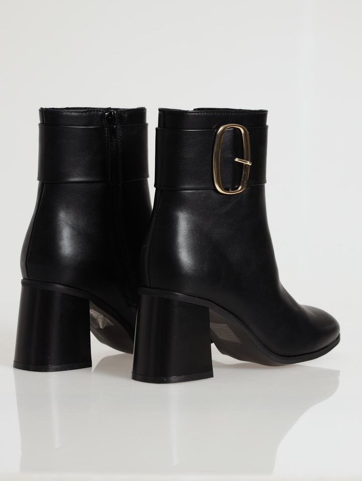 Big Gold Circle Metal Trim Ankle Boot - Black