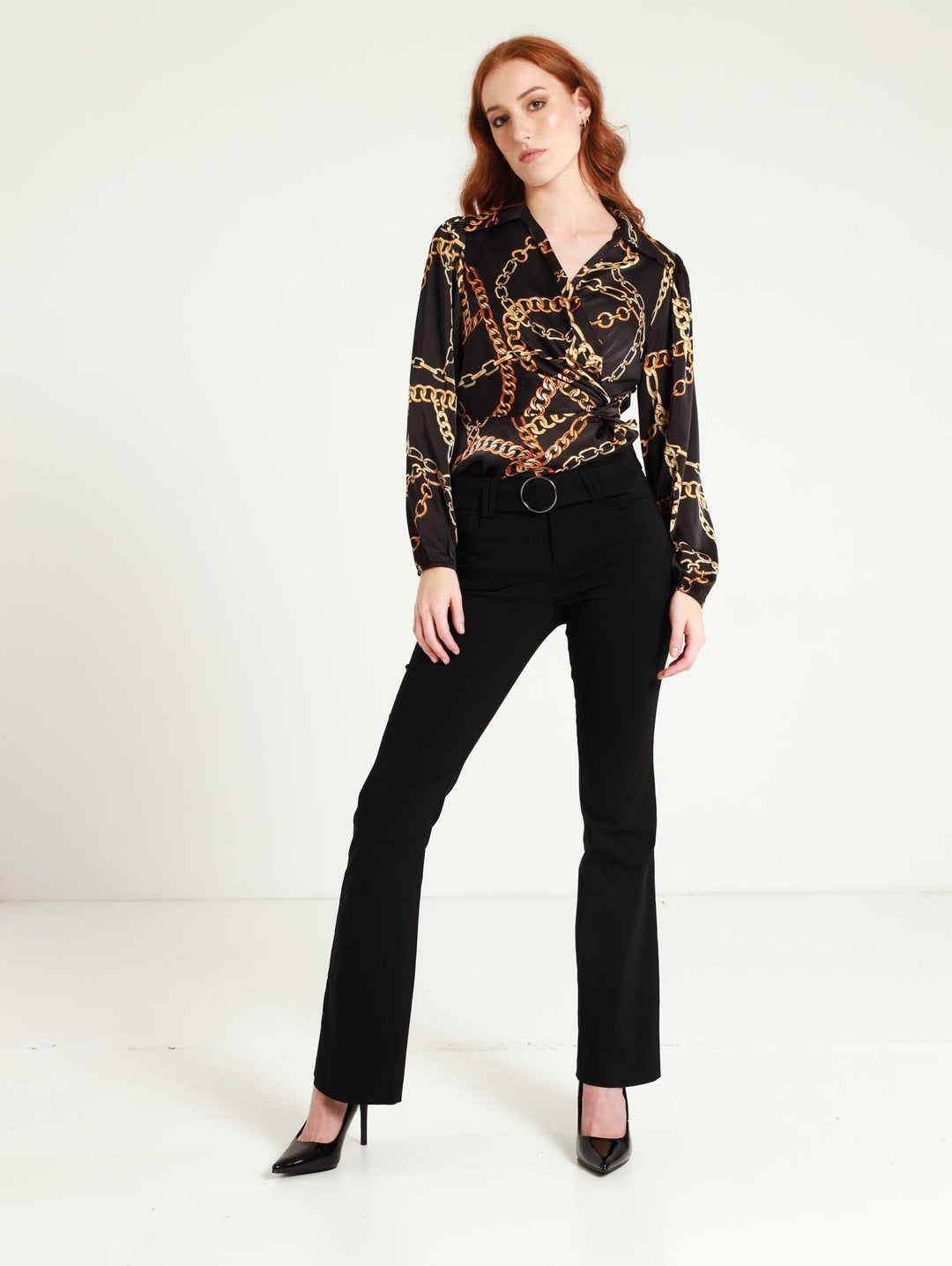 Low Waist Flare With Self Belt Pants - Black