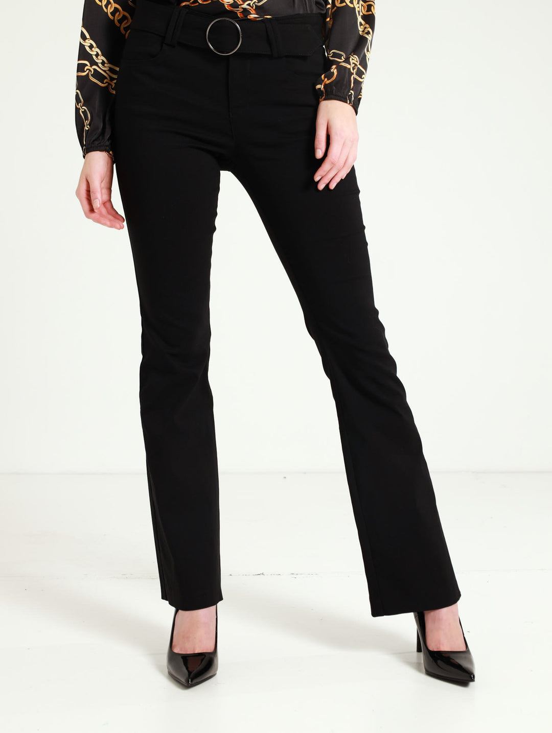 Low Waist Flare With Self Belt Pants - Black