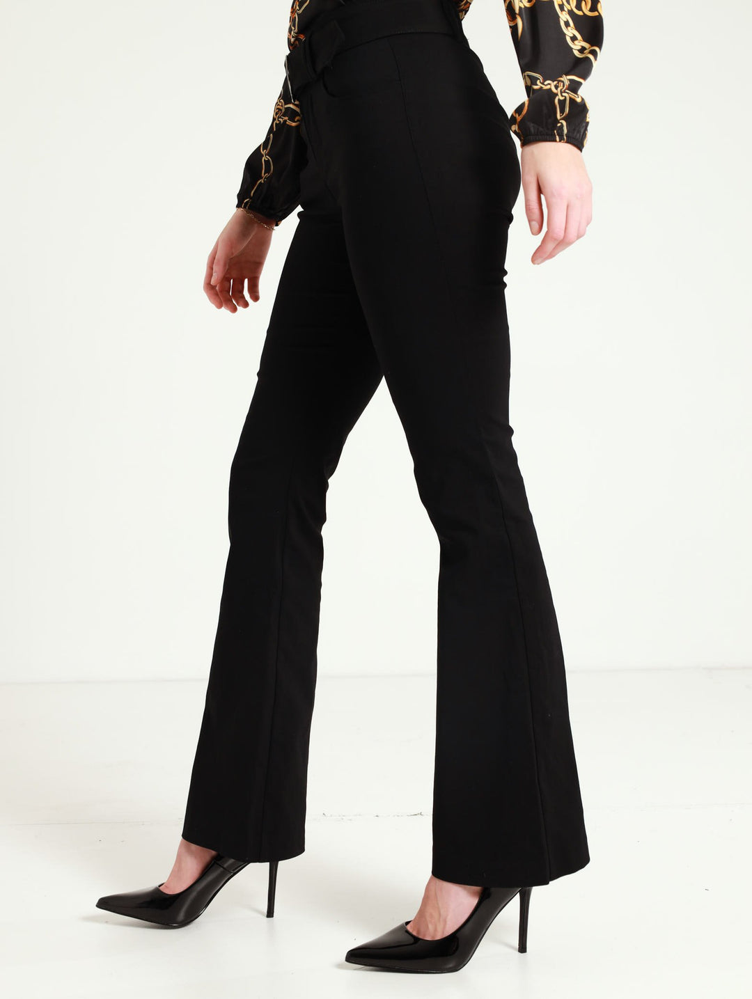 Low Waist Flare With Self Belt Pants - Black