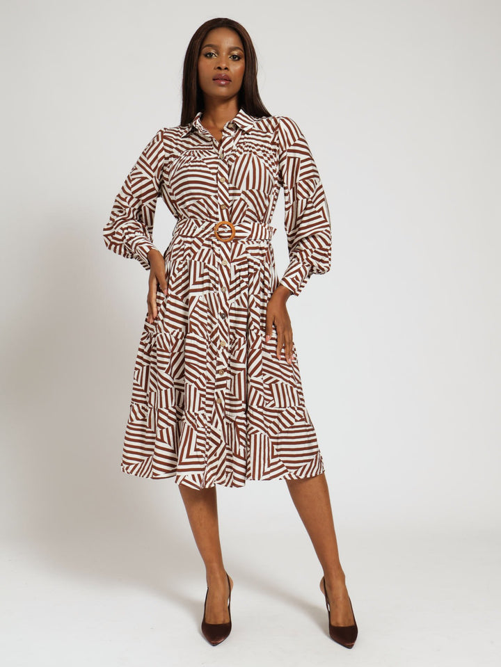 Long Sleeve Belted Tiered Maxi Shirt Dress - Brown/White