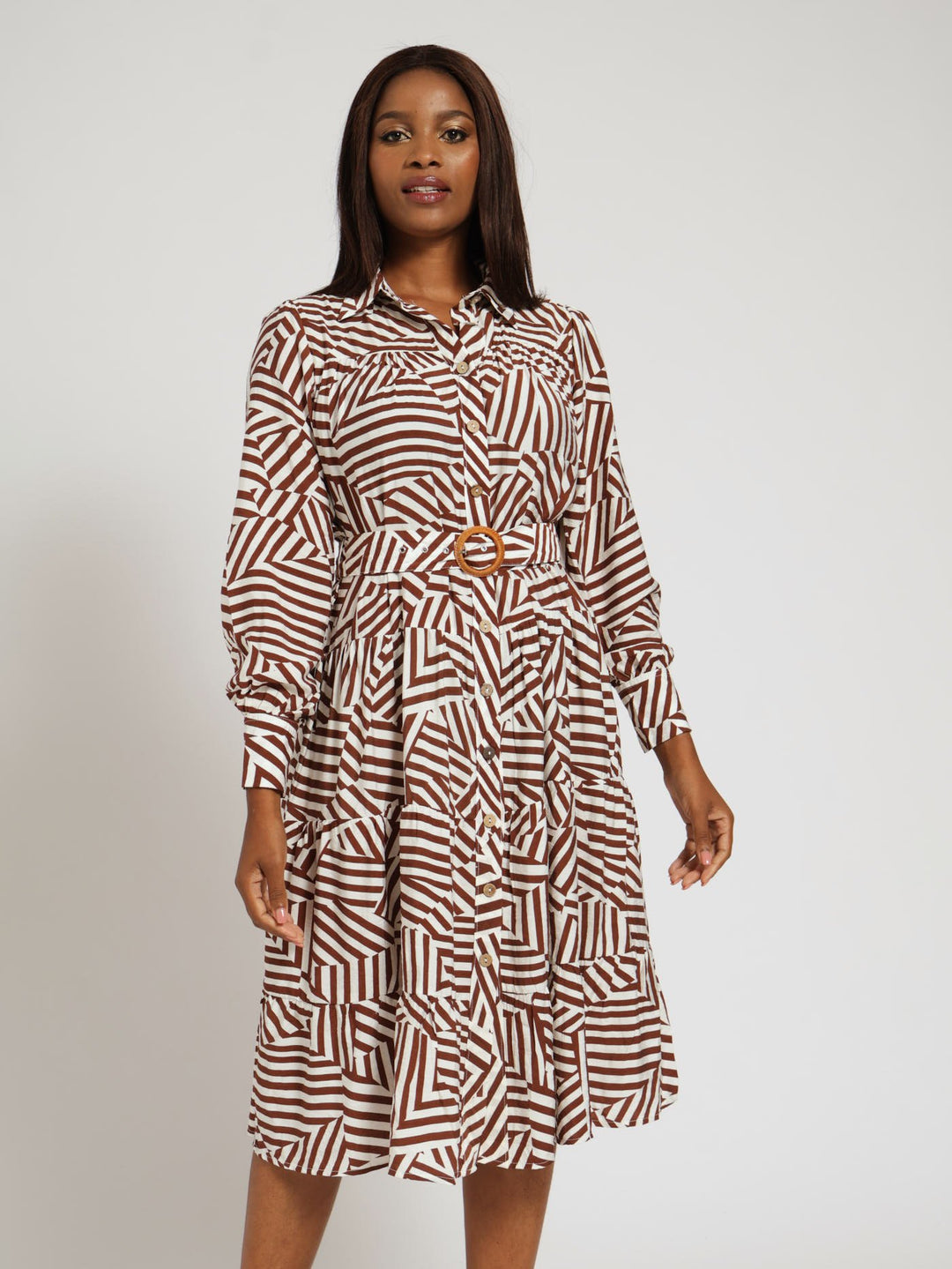 Long Sleeve Belted Tiered Maxi Shirt Dress - Brown/White