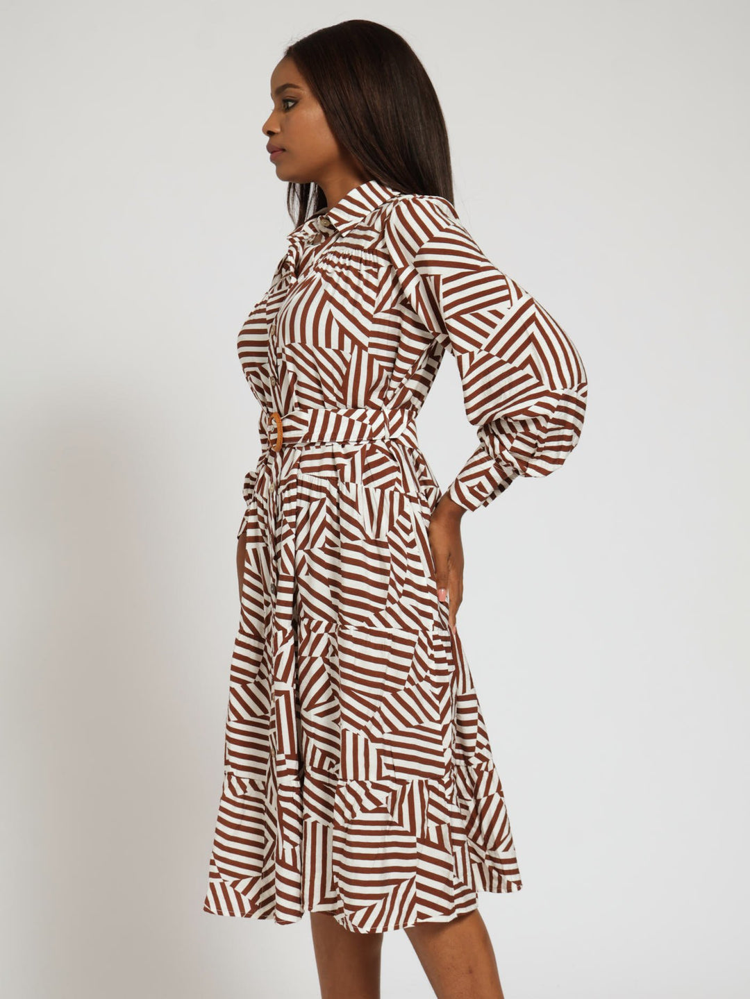 Long Sleeve Belted Tiered Maxi Shirt Dress - Brown/White
