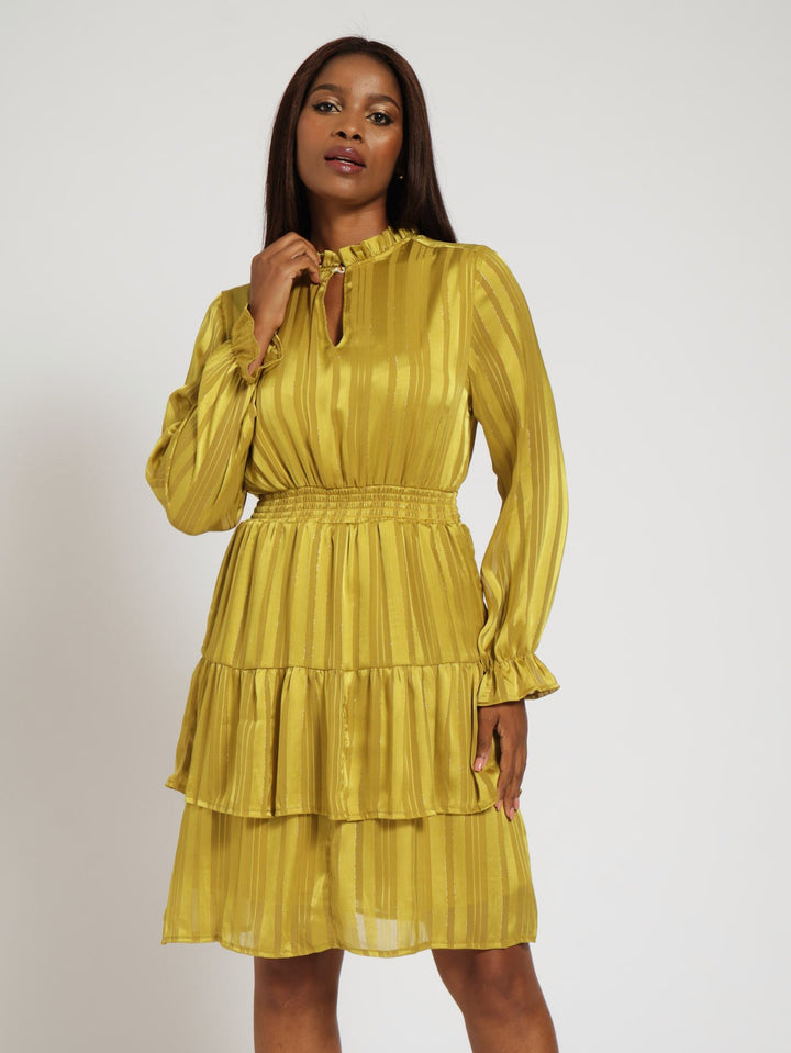 Hi-Neck Shirred Waisted Tiered Tea Dress - Mustard