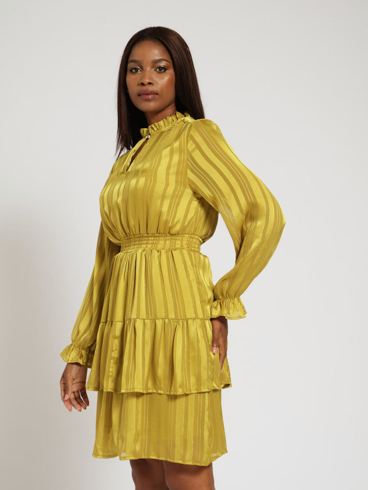 Hi-Neck Shirred Waisted Tiered Tea Dress - Mustard