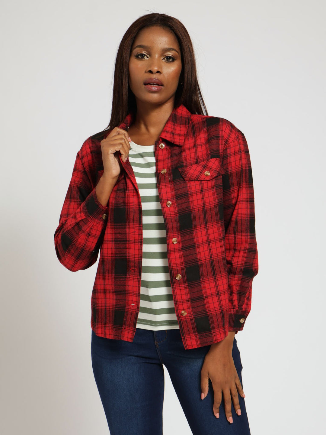 Long Sleeve Curved Hem Check Shirt - Red/Black