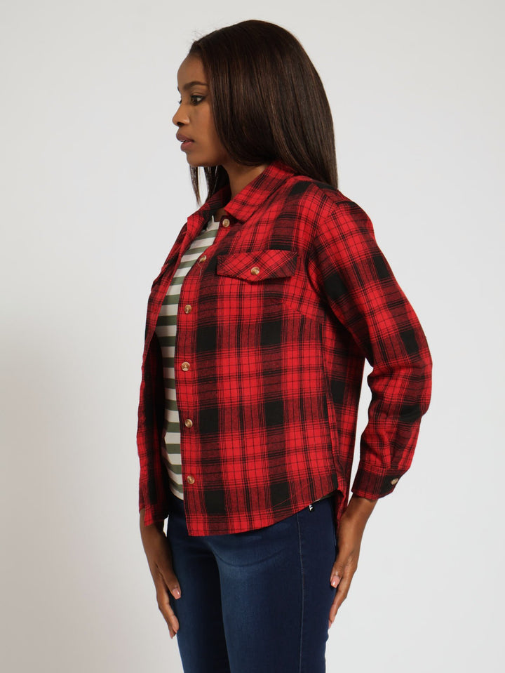 Long Sleeve Curved Hem Check Shirt - Red/Black