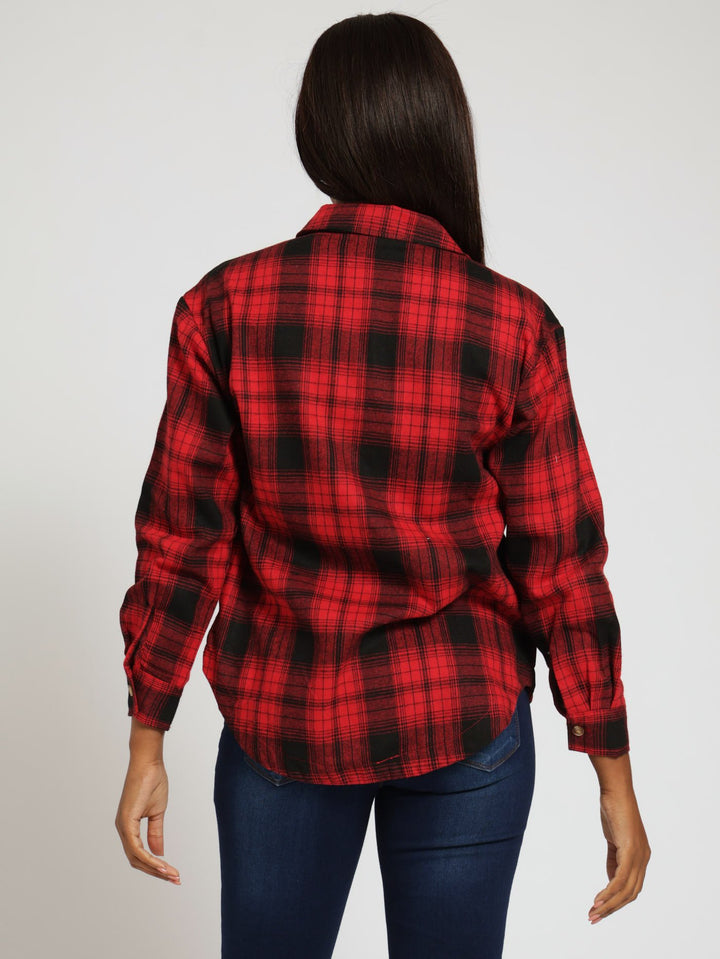 Long Sleeve Curved Hem Check Shirt - Red/Black
