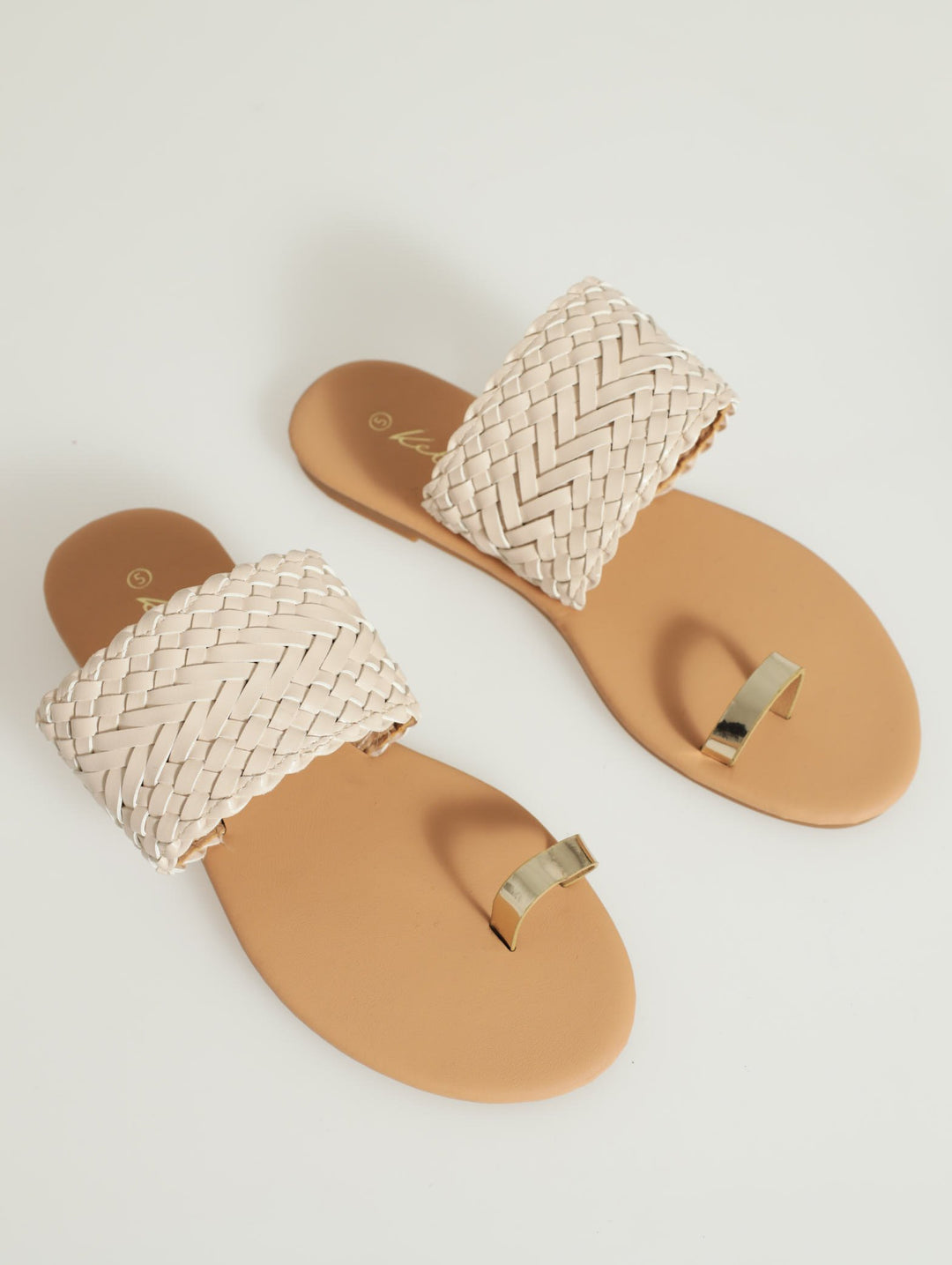 Metallic Toe Post With Weave Strap Flat Sandal - Cream