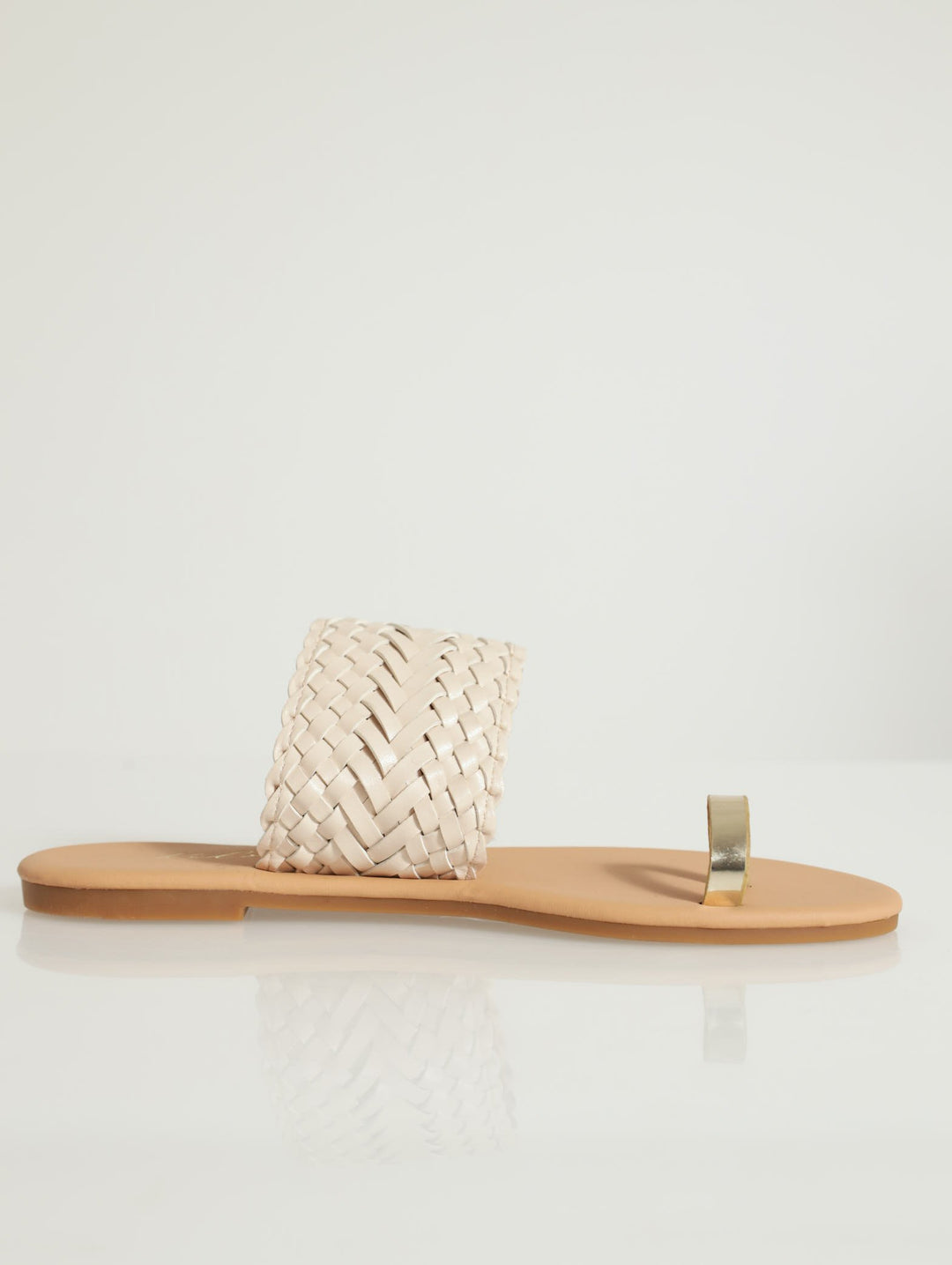 Metallic Toe Post With Weave Strap Flat Sandal - Cream