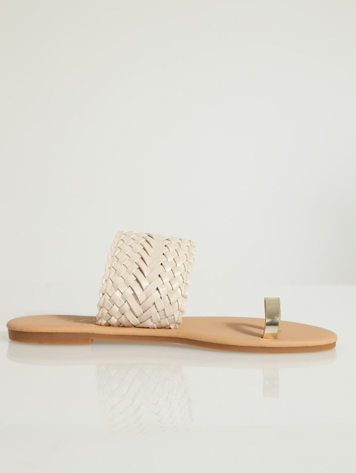 Metallic Toe Post With Weave Strap Flat Sandal - Cream