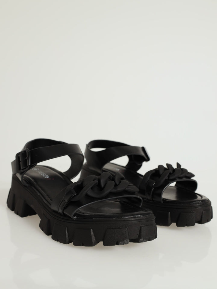Thick Chain Ankle-Strap Platform Sandal - Black