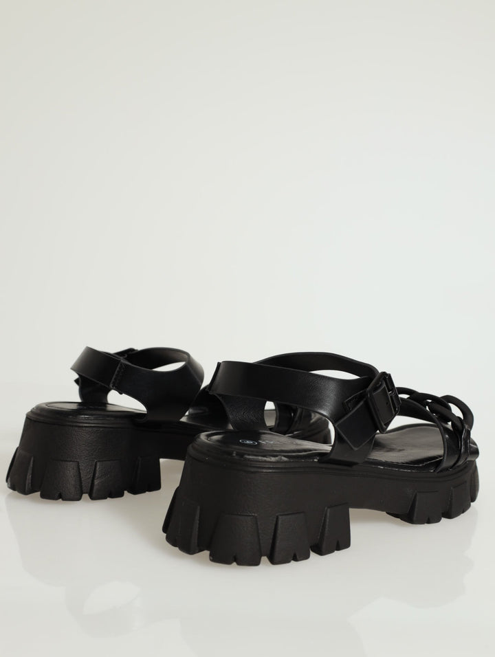 Thick Chain Ankle-Strap Platform Sandal - Black