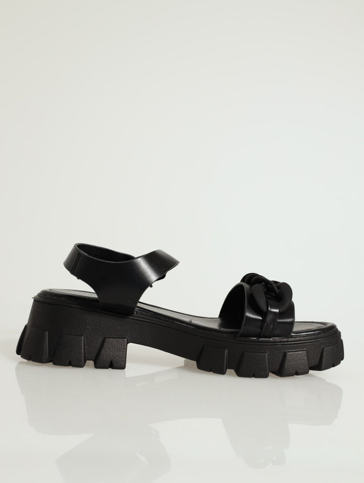 Thick Chain Ankle-Strap Platform Sandal - Black