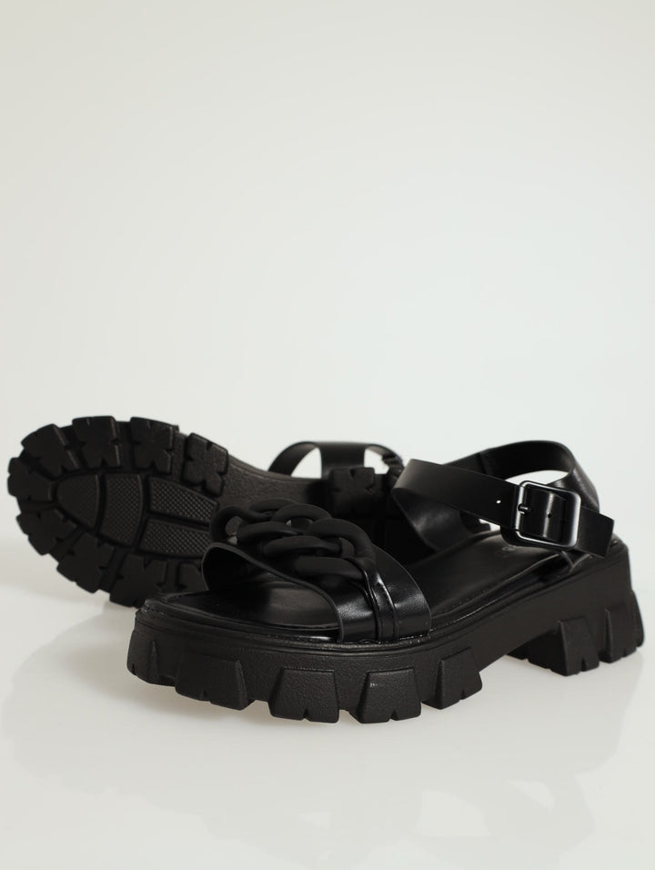 Thick Chain Ankle-Strap Platform Sandal - Black