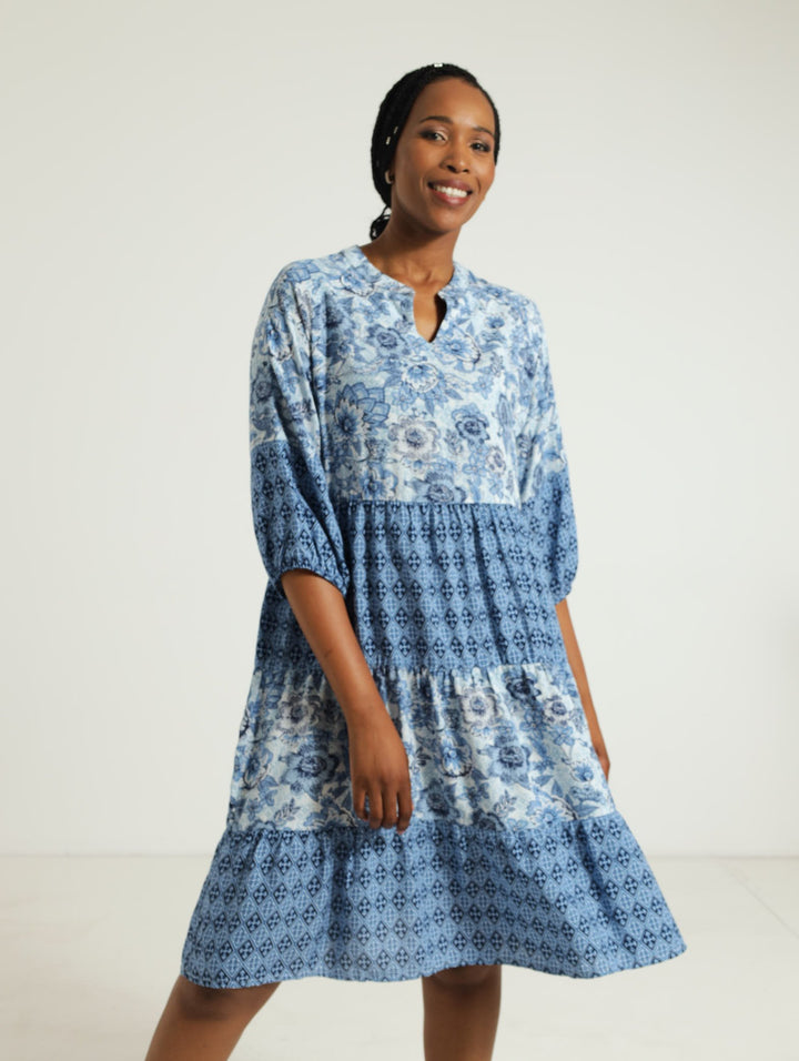 Multi Print Tiered Tunic Dress - Blue