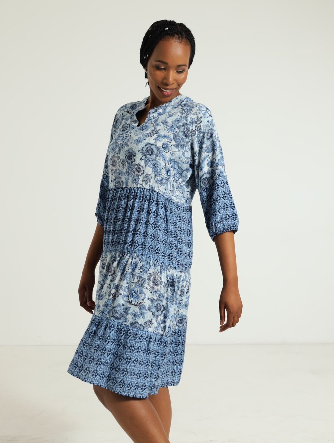 Multi Print Tiered Tunic Dress - Blue