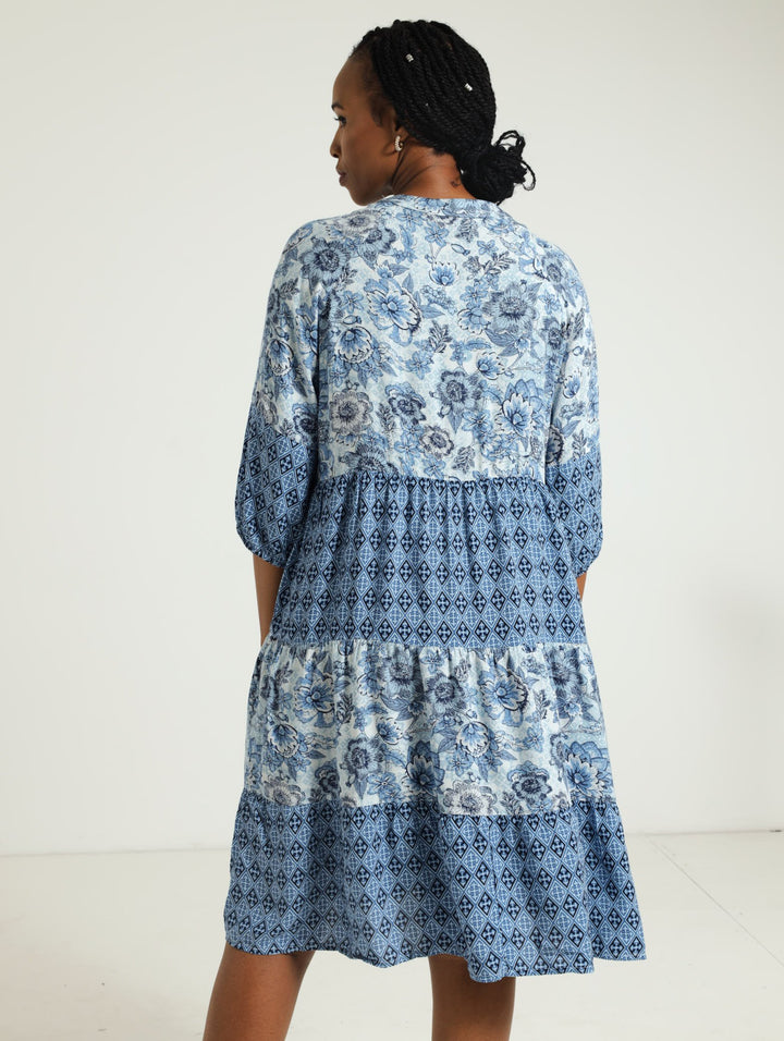 Multi Print Tiered Tunic Dress - Blue