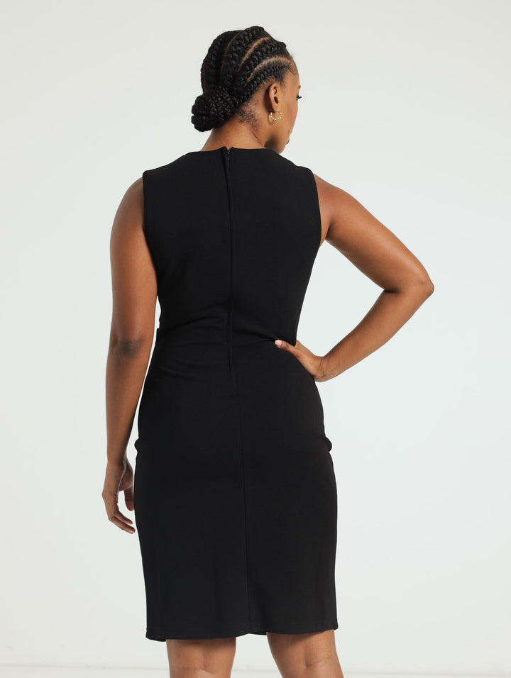 Mock Wrap Bodycon Pencil Dress - Black