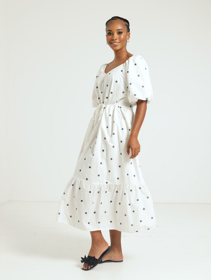 Bubble Sleeve V-Neck Maxi Dress - White/Black