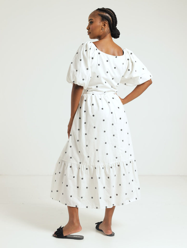 Bubble Sleeve V-Neck Maxi Dress - White/Black