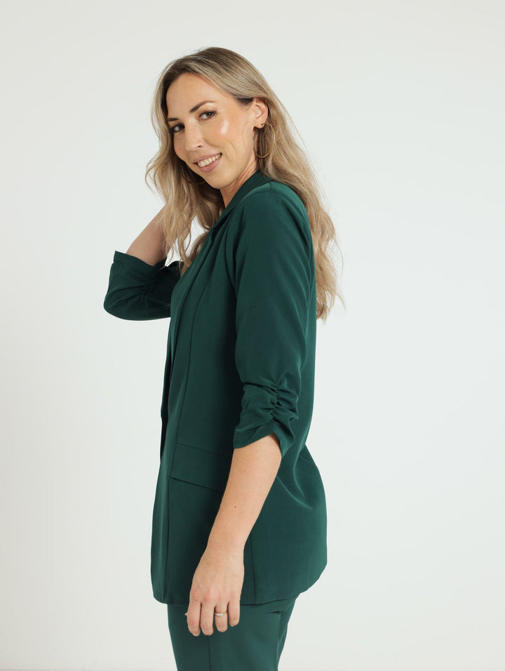 Gauged Sleeve Blazer - Dark Green