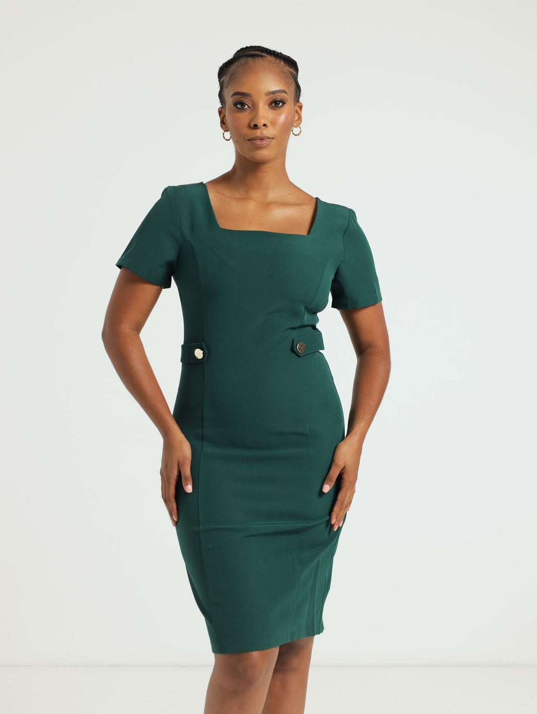 Square Neck Tab Pencil Dress - Dark Green