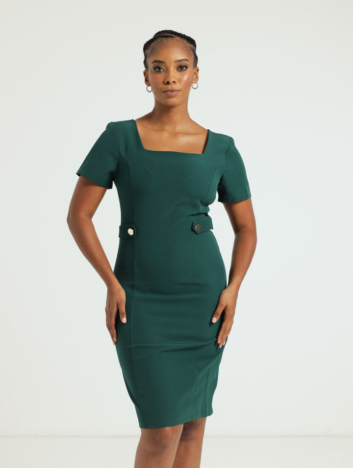 Square Neck Tab Pencil Dress - Dark Green