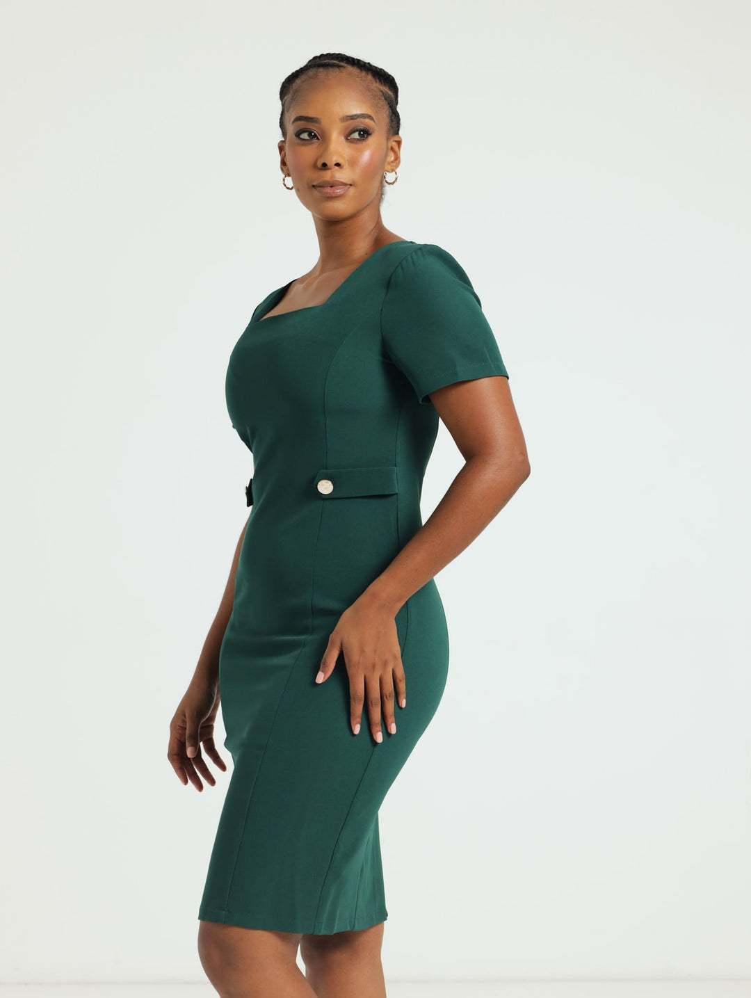 Square Neck Tab Pencil Dress - Dark Green